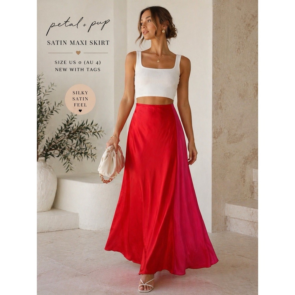 NWT Petal + Pup Red Pink Satin Maxi Skirt High Waist Flowy Silk Look Sz XS